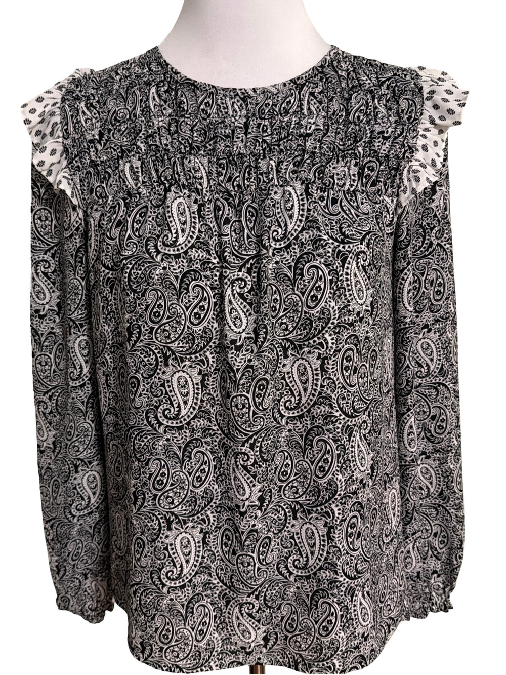 LOFT Black and White Paisley Smocked Yoke Long-Sleeve Blouse